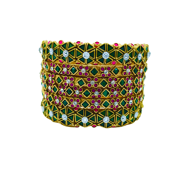 Yaalz 6Pcs Heavy Kundan Work Geometric With Floral Bangle Sets