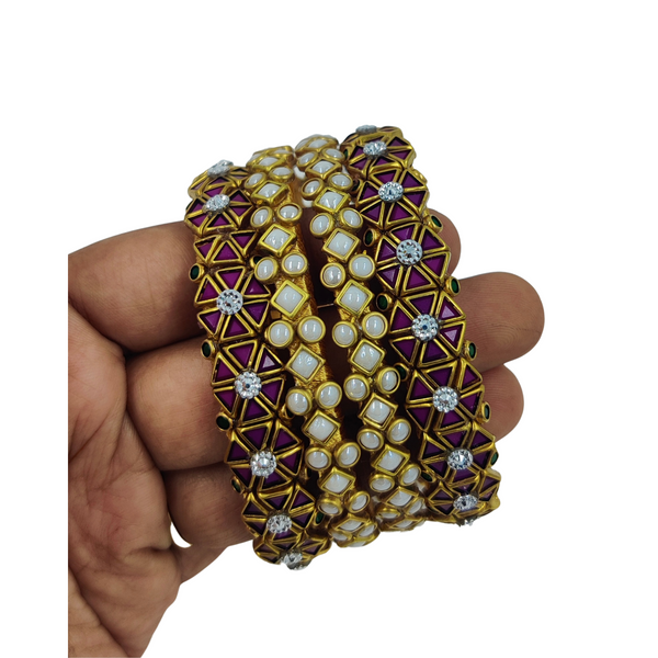 Yaalz Heavy Rich Kundan Triangle Stone Bangle Sets In Multiple Colors