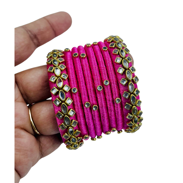 Yaalz Silk Thread Kundan Stone 8pcs Bangle Sets In Assorted Colors-Design Set 2