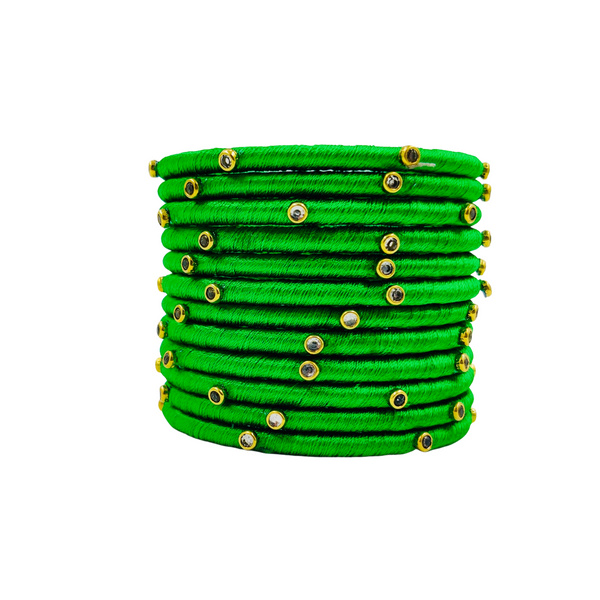 Yaalz Silk Thread Kundan Stone Weightless Dozen 2mm Thin Bangles In Assorted Colors - Colors Set 2