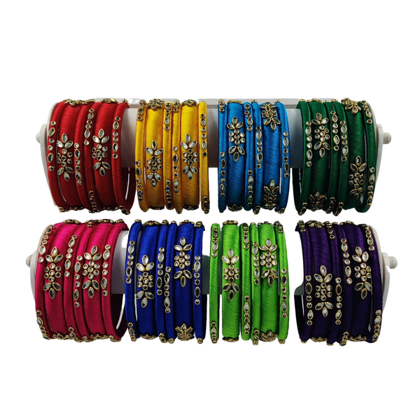 Yaalz Silk Thread Kundan Work 6Pcs Simple Bangle Sets In Assorted Colors - Design 3