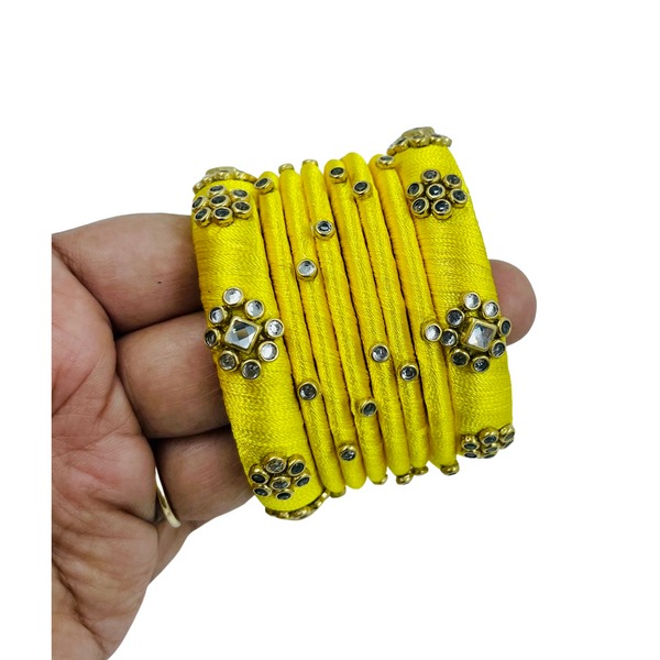 Yaalz Silk Thread Kundan Stone 8pcs Bangle Sets In Assorted