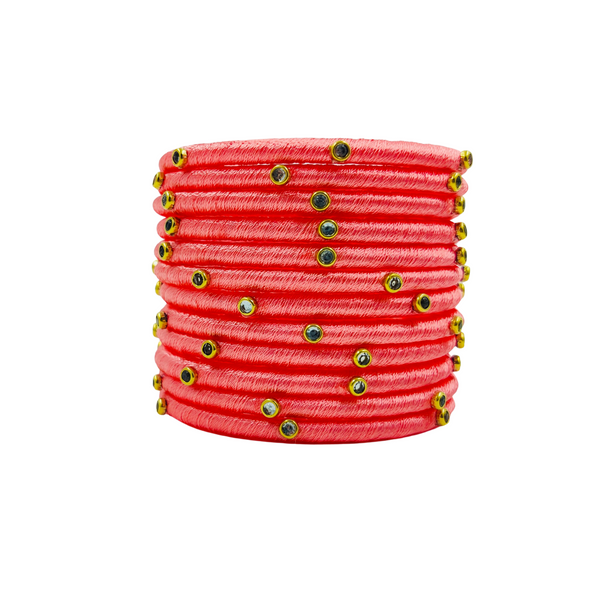 Yaalz Silk Thread Kundan Stone Weightless Dozen 2mm Thin Bangles In Assorted Colors - Colors Set 2