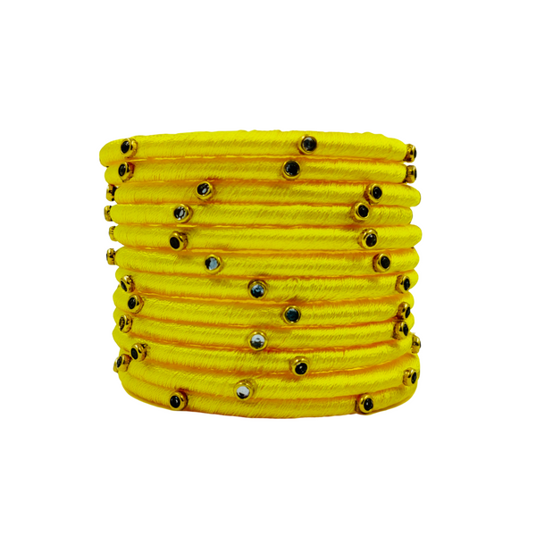 Yaalz Silk Thread Kundan Stone Weightless Dozen 2mm Thin Bangles In Assorted Colors - Colors Set 2