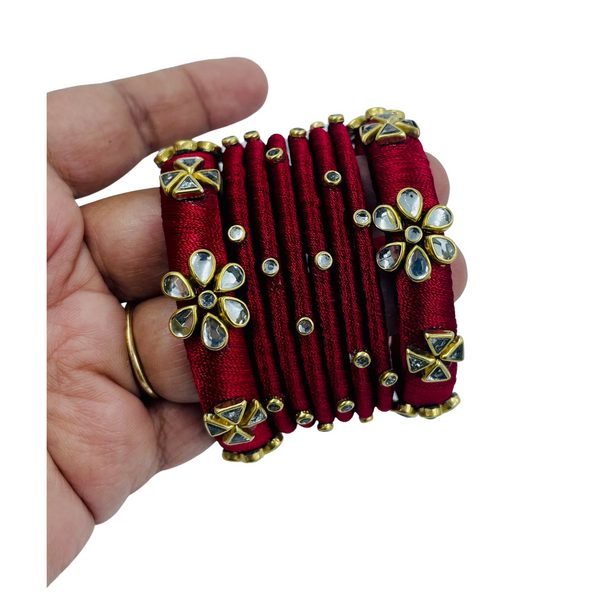 Yaalz Silk Thread Kundan Stone 8pcs Bangle Sets In Assorted Colors-Design Set 2