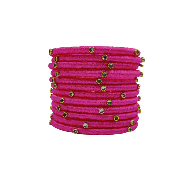 Yaalz Silk Thread Kundan Stone Weightless Dozen 2mm Thin Bangles In Assorted Colors - Colors Set 3