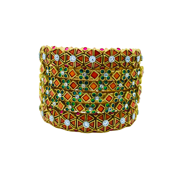 Yaalz 6Pcs Heavy Kundan Work Geometric With Floral Bangle Sets