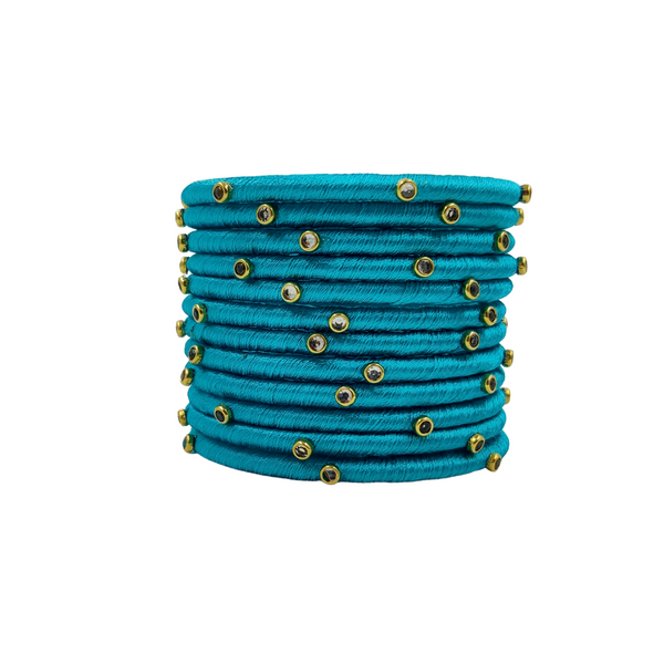 Yaalz Silk Thread Kundan Stone Weightless Dozen 2mm Thin Bangles In Assorted Colors - Colors Set 3