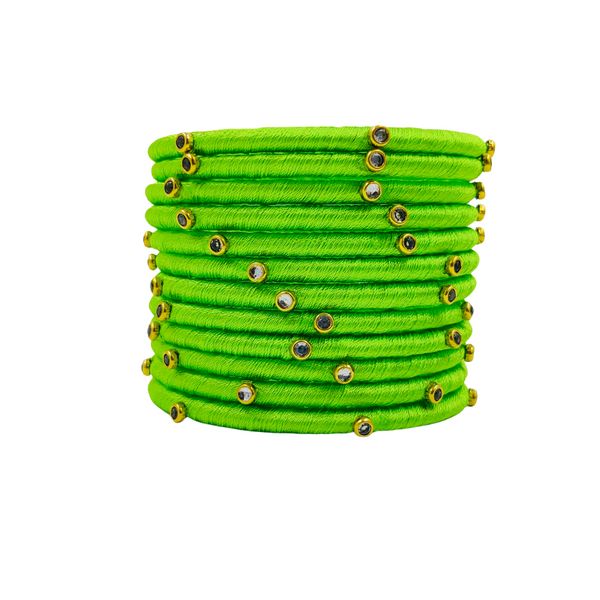 Yaalz Silk Thread Kundan Stone Weightless Dozen 2mm Thin Bangles In Assorted Colors - Colors Set 1