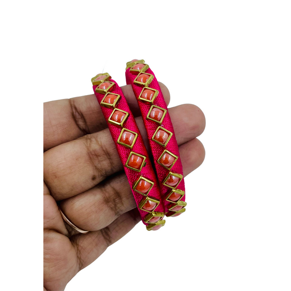 Yaalz Silk Thread Square Kundan Stone Work Pair Bangles In Multiple Colors