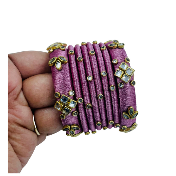 Yaalz Silk Thread Kundan Stone 8pcs Bangle Sets In Assorted Colors-Design Set 1