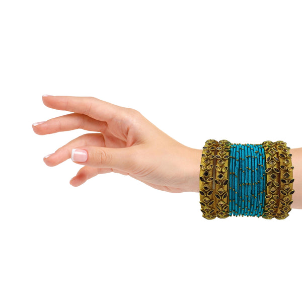 Yaalz Silk Thread Kundan Stone 16Pcs Metal Heavy Bangle Set In Multiple Colors