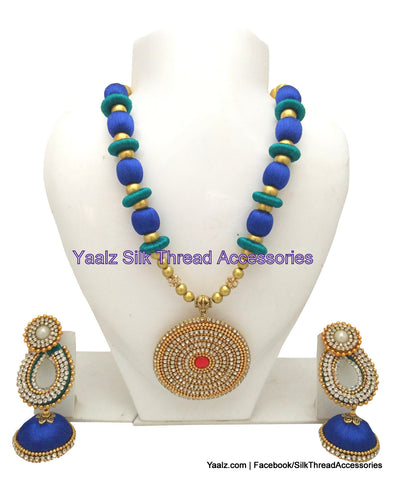 silk thread jewelry Bangle Earring Jumka-Yaalz Traditional Neckset & Matching Jumka in Peacock Blue & Green Colors-YAALZ
