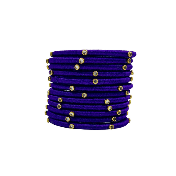 Yaalz Silk Thread Kundan Stone Weightless Dozen 2mm Thin Bangles In Assorted Colors - Colors Set 3