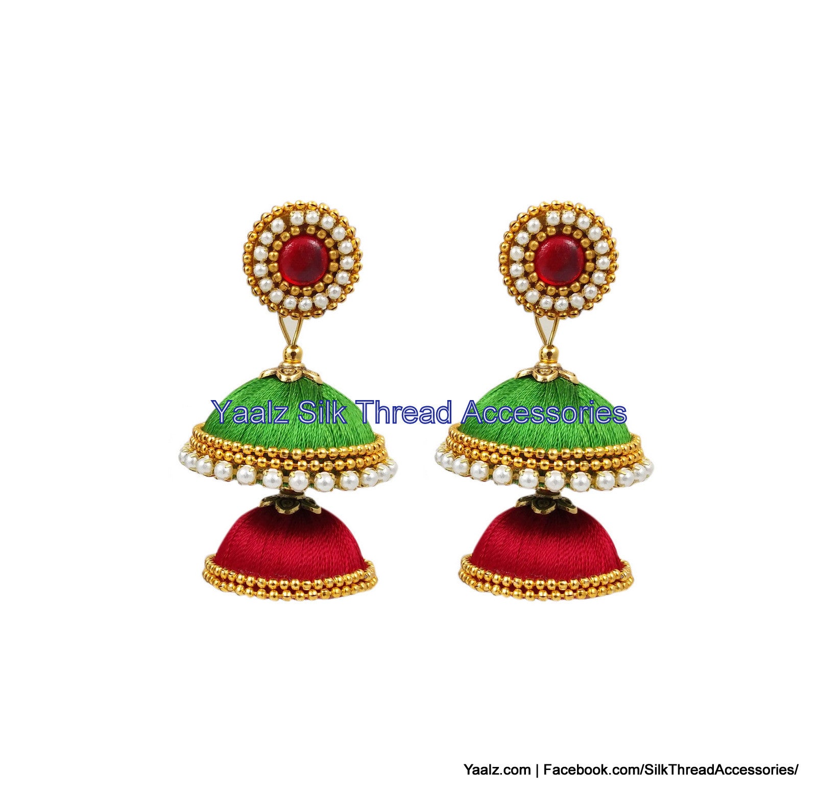 Yaalz Double Layer Silk Thread Jhumka in Red And Parrot Green Colors