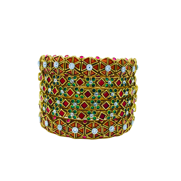 Yaalz 6Pcs Heavy Kundan Work Geometric With Floral Bangle Sets