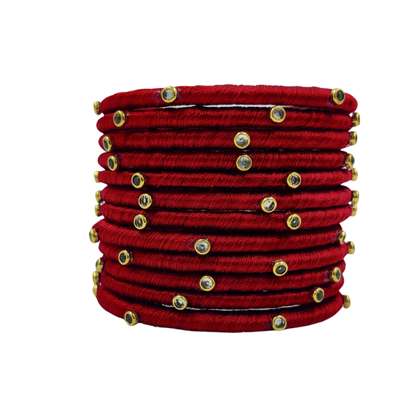 Yaalz Silk Thread Kundan Stone Weightless Dozen 2mm Thin Bangles In Assorted Colors - Colors Set 3