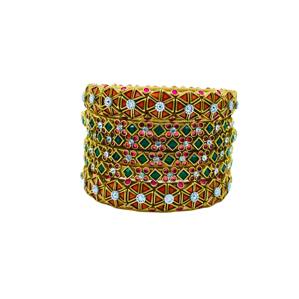 Yaalz 6Pcs Heavy Kundan Work Geometric With Floral Bangle Sets