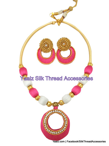 silk thread jewelry Bangle Earring Jumka-Yaalz Traditional Neckset & Matching Chand Bali Earring Combo in White And Pink Colors-YAALZ