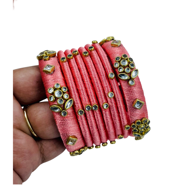 Yaalz Silk Thread Kundan Stone 8pcs Bangle Sets In Assorted Colors-Design Set 1