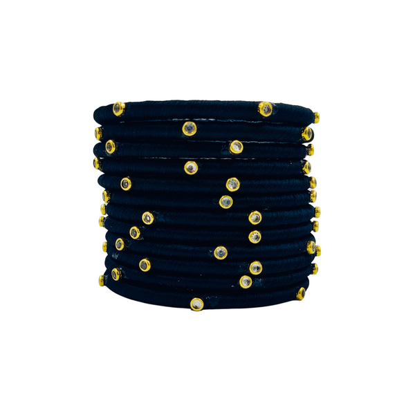 Yaalz Silk Thread Kundan Stone Weightless Dozen 2mm Thin Bangles In Assorted Colors - Colors Set 1