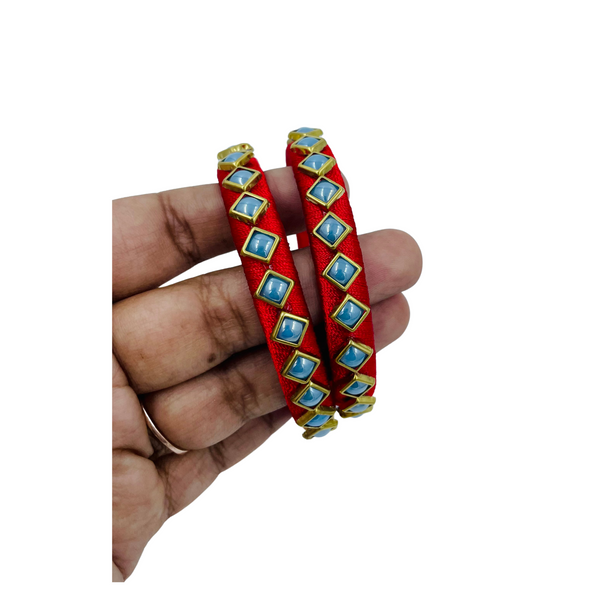 Yaalz Silk Thread Square Kundan Stone Work Pair Bangles In Multiple Colors