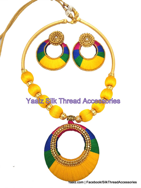 silk thread jewelry Bangle Earring Jumka-Yaalz Traditional Neckset & Matching Chand Bali Earring Combo in Yellow, Blue, Pink And Green Colors-YAALZ