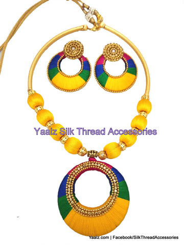 silk thread jewelry Bangle Earring Jumka-Yaalz Traditional Neckset & Matching Chand Bali Earring Combo in Yellow, Blue, Pink And Green Colors-YAALZ