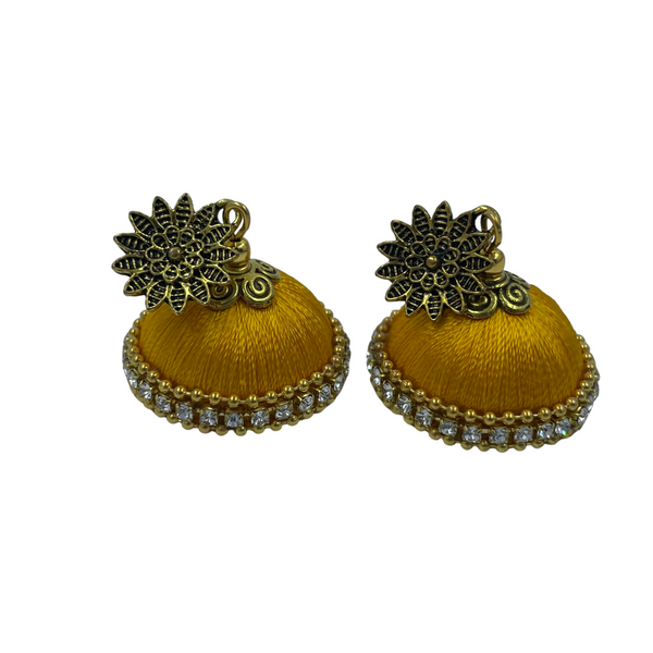 Yaalz Silkthread Jhumka Earrings With Antique Gold Sunflower Stud In Assorted Colors