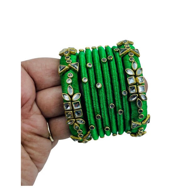 Yaalz Silk Thread Kundan Stone 8pcs Bangle Sets In Assorted Colors-Design Set 1