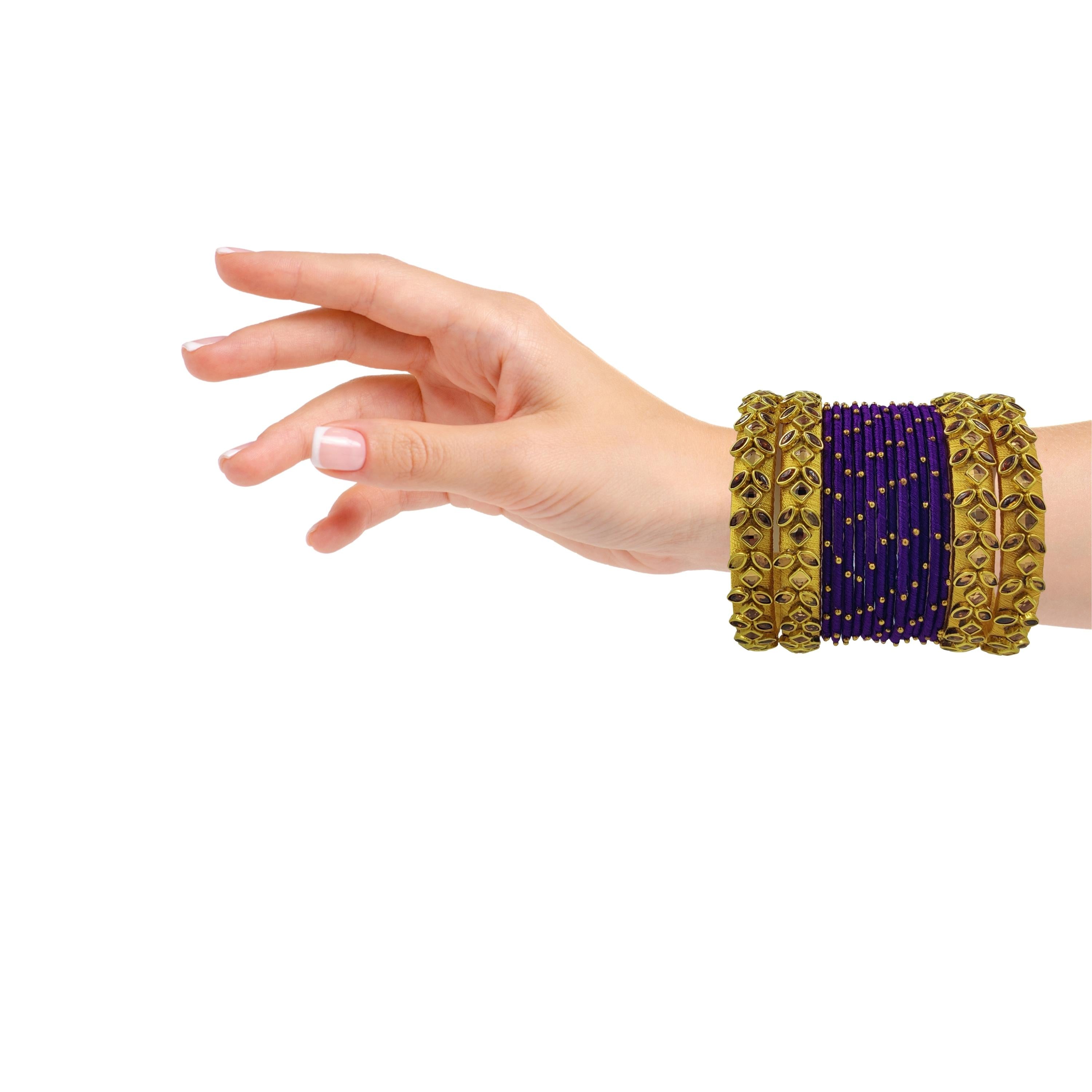 Yaalz Silk Thread Kundan Stone 16Pcs Metal Heavy Bangle Set In Multipl