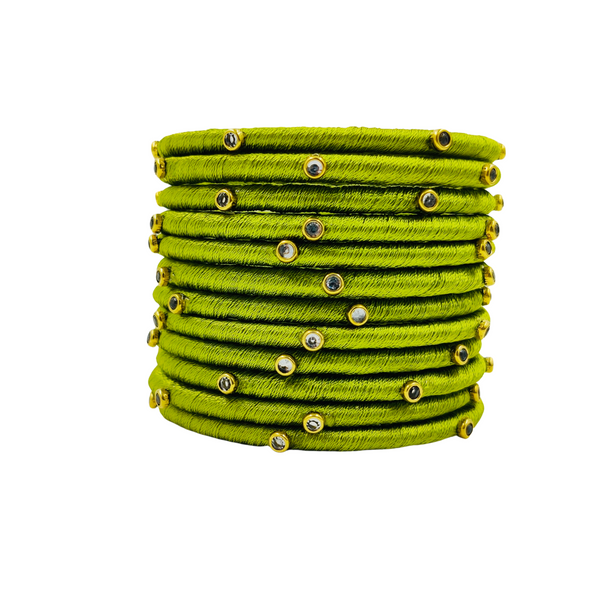 Yaalz Silk Thread Kundan Stone Weightless Dozen 2mm Thin Bangles In Assorted Colors - Colors Set 1