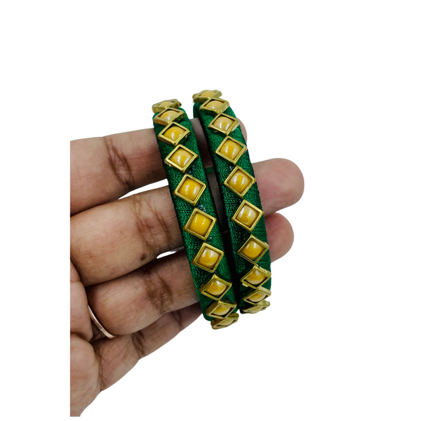 Yaalz Silk Thread Square Kundan Stone Work Pair Bangles In Multiple Colors
