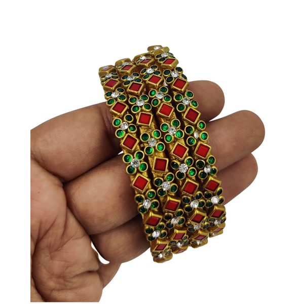 Yaalz Heavy Rich Kundan Floral Work 4pcs Bangle Sets In Multiple Colors