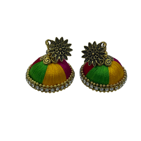 Yaalz Silkthread Jhumka Earrings With Antique Gold Sunflower Stud In Assorted Colors