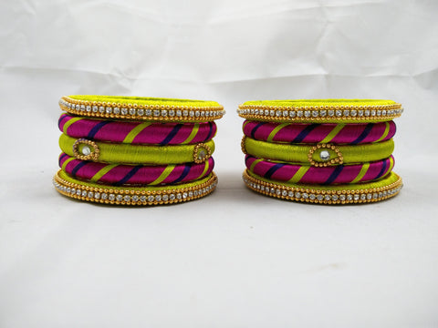 silk thread Bangle Earring Jumka-Yaalz Assorted Bangle in Pink And Green Colors-YAALZ
