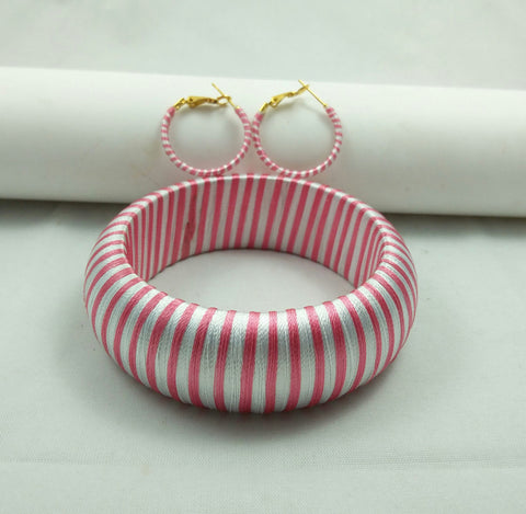 silk thread jewelry Bangle Earring Jumka-Yaalz Trendy Kada Bangle & Ring Earring in White And Pink Combo-YAALZ