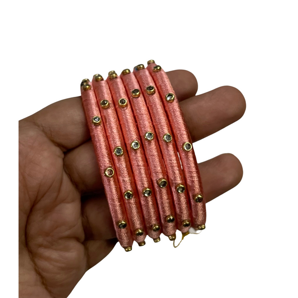 Yaalz Silk Thread 6pcs Simple Kundan Stone Bangle Sets In Assorted Colors-Design Set 1