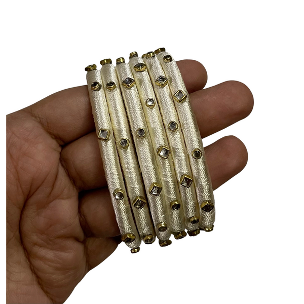 Yaalz Silk Thread 6pcs Simple Kundan Stone Bangle Sets In Assorted Colors-Design Set 1