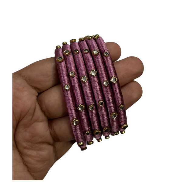 Yaalz Silk Thread 6pcs Simple Kundan Stone Bangle Sets In Assorted Colors-Design Set 1