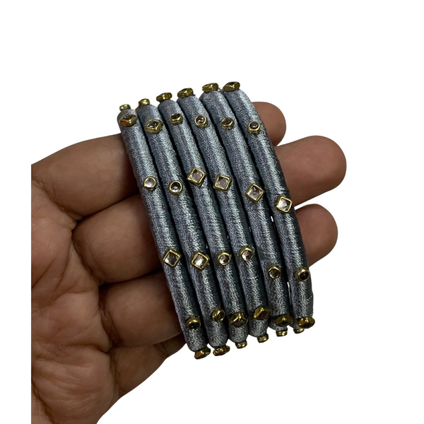 Yaalz Silk Thread 6pcs Simple Kundan Stone Bangle Sets In Assorted Colors-Design Set 1