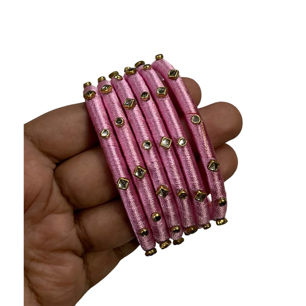 Yaalz Silk Thread 6pcs Simple Kundan Stone Bangle Sets In Assorted Colors-Design Set 1