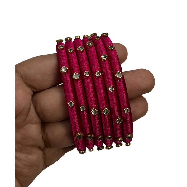 Yaalz Silk Thread 6pcs Simple Kundan Stone Bangle Sets In Assorted Colors-Design Set 1