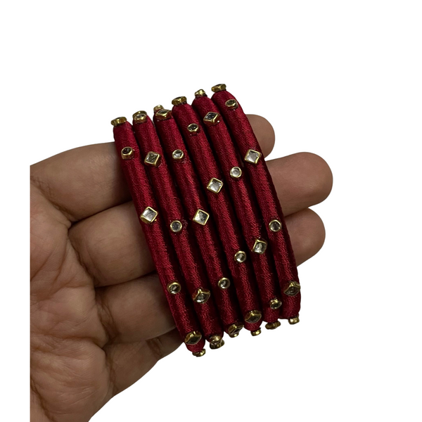 Yaalz Silk Thread 6pcs Simple Kundan Stone Bangle Sets In Assorted Colors-Design Set 2