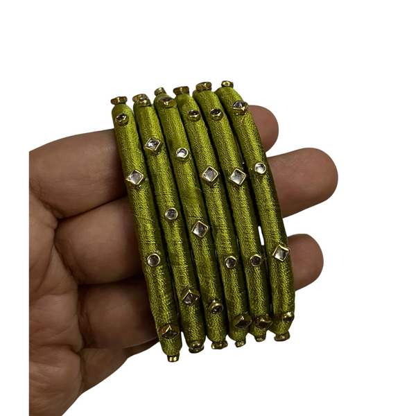 Yaalz Silk Thread 6pcs Simple Kundan Stone Bangle Sets In Assorted Colors-Design Set 2