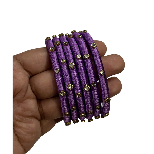 Yaalz Silk Thread 6pcs Simple Kundan Stone Bangle Sets In Assorted Colors-Design Set 2