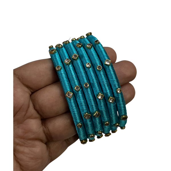 Yaalz Silk Thread 6pcs Simple Kundan Stone Bangle Sets In Assorted Colors-Design Set 2