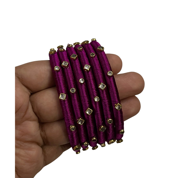 Yaalz Silk Thread 6pcs Simple Kundan Stone Bangle Sets In Assorted Colors-Design Set 2