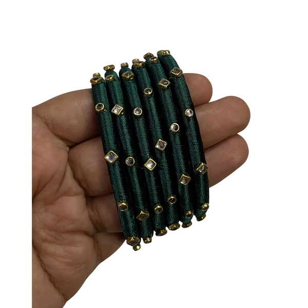 Yaalz Silk Thread 6pcs Simple Kundan Stone Bangle Sets In Assorted Colors-Design Set 2