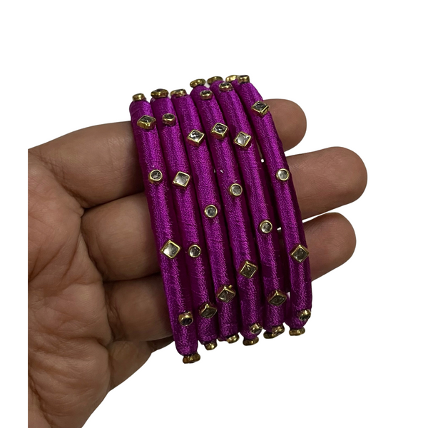 Yaalz Silk Thread 6pcs Simple Kundan Stone Bangle Sets In Assorted Colors-Design Set 2